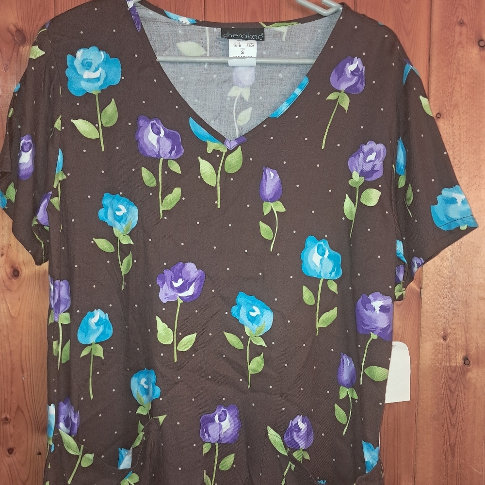 Floral Brown Top with Blue and Purple Flowers